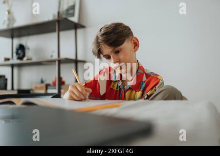 Focused boy doing homework at home Stock Photo