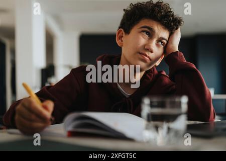 Confused boy with head in hand studying at home Stock Photo
