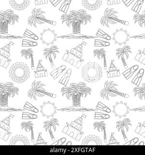 A detailed summer beach-themed coloring page featuring palm trees, sandcastles, suns, and swim fins. Perfect for kids and adults to enjoy a creative a Stock Vector