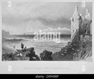 Isle of Arran from Greenan Castle, Ayrshire, Scotland, vintage engraving from 1837 Stock Photo