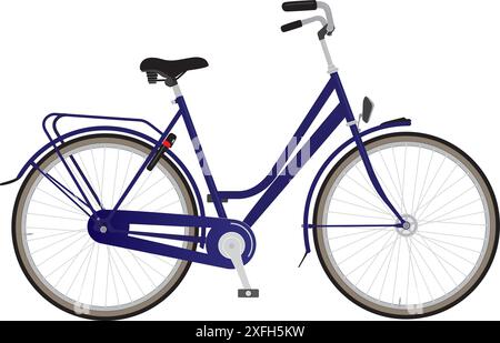 Woman model city bike with blue frame, back-pedal brake and bike lock. Line illustration in color. Stock Vector