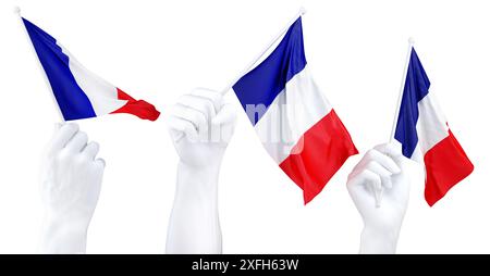 Hands waving flag of France isolated on white. 3d Rendering Stock Photo