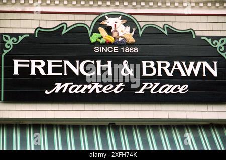 Maine, U.S.A., approx. 1996. Store name for the French & Brawn Market Place in downtown Camden. Stock Photo