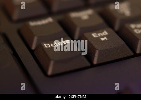 Goiania, Goias, Brazil – July 03- , 2024: Close up on a computer's black keyboard, focus on the 'delete' key. Stock Photo