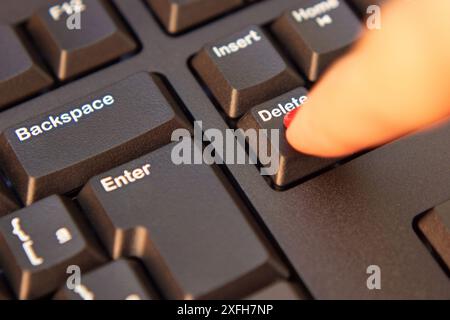 Goiania, Goias, Brazil – July 03, 2024: Close up of female finger pressing the "delete" key on a black computer keyboard. Stock Photo