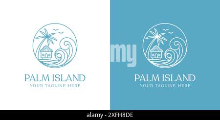 beach cottage resort logo design. The logo features a stylized illustration of a beach cottage, with a line art design style. Stock Vector