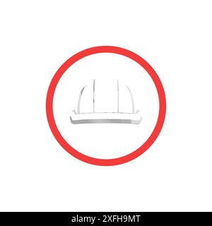 Head protection icon at work. Prohibition symbol with hard hat. Helmet of the head at the construction site. White hard hat in red prohibition circle Stock Vector