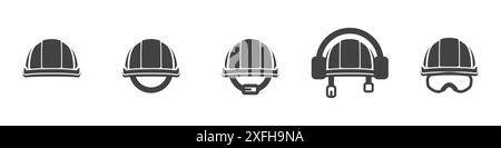Head protection at work. Gray helmets with various protective elements. Industrial helmet vector. Put on the gray helmets of the builder. Stock Vector