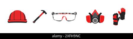 Helmet, hammer, glasses, respirator, gloves for a worker vector. Construction equipment vector. Set for construction work. Vector illustration. Stock Vector