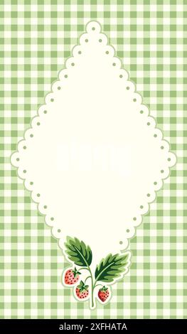 Cottage Core Garden Strawberry and Gingham Diamond Vector Frame. Vintage Invitation Design Stock Vector