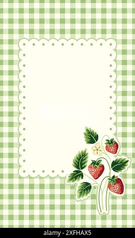 Cottage Core Garden Strawberry and Gingham Rectangular Vector Frame. Vintage Invitation Design Stock Vector