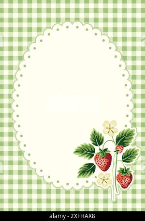 Cottage Core Garden Strawberry and Gingham Oval Vector Frame. Vintage Invitation Design Stock Vector