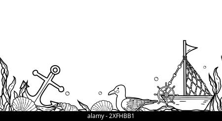 Horizontal vector sea, marine seamless border pattern. Ship, boat, seagull, seaweeds, seashells, nautical anchor and water bubbles. Hand drawn line Stock Vector
