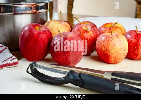 A knife and peeler on a white cutting board surrounded by gala apples.  Preparation for a pie.. Stock Photo
