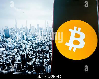 New York, New York, USA. 1st July, 2024. Bitcoin, introduced in 2009 by an anonymous entity known as Satoshi Nakamoto, is the first and most well-known cryptocurrency. It operates on a decentralized ledger called blockchain, which ensures transparent and secure transactions. Bitcoin is often referred to as digital gold due to its finite supply of 21 million coins. It has become a popular investment and a hedge against traditional financial systems, influencing the development of countless other cryptocurrencies. (Credit Image: © Taidgh Barron/ZUMA Press Wire) EDITORIAL USAGE Stock Photo