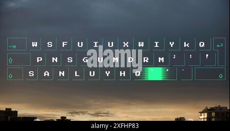 Image of illuminated pattern moving on keyboard over modern buildings against scenic sky Stock Photo