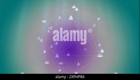 Image of purple pattern in connected icons forming globe against blue background Stock Photo