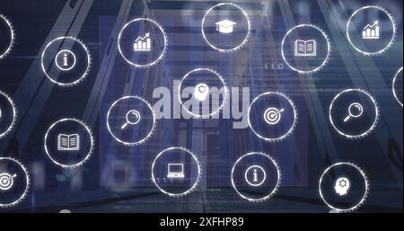 Image of multiple icons, graphs and computer language over data server room Stock Photo