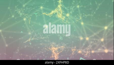 Image of connected dots with lines forming geometric shape against blue background Stock Photo