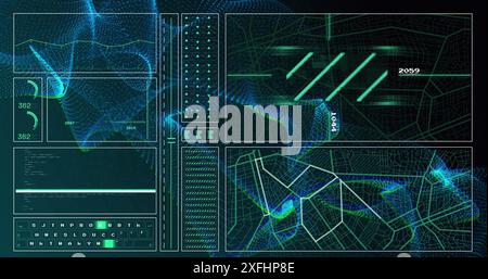 Image of graph, computer language, loading circles, navigation pattern over dynamic waves Stock Photo