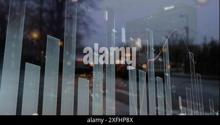 Image of multiple graphs and changing numbers, time lapse of vehicles on street Stock Photo