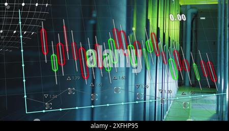 Image of multiple graphs and numbers with globe over data server room Stock Photo
