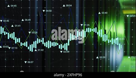 Image of multiple graphs with changing numbers over data server racks in server room Stock Photo