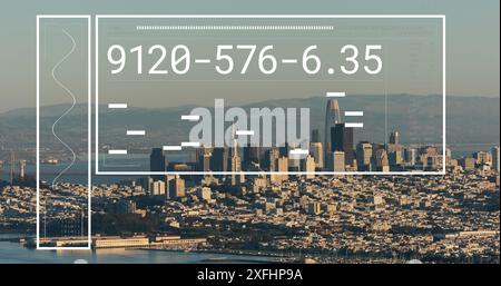 Image of graphs, loading bars and changing numbers over modern city against sea and mountains Stock Photo