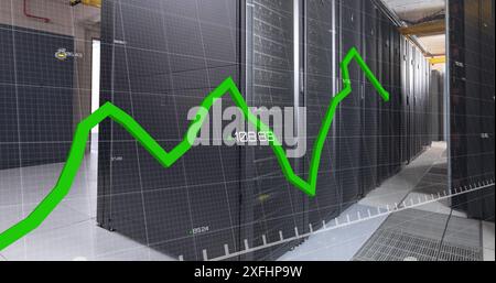 Image of graph with changing numbers over illuminated data server racks in server room Stock Photo