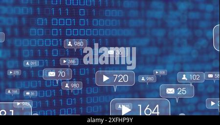 Image of icons, changing numbers in notification bars over binary codes against blue background Stock Photo