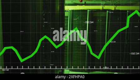 Image of graph with changing numbers over illuminated data server racks in server room Stock Photo