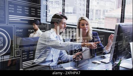 Image of graphs, changing number, loading bars, circles, caucasian coworkers discussing reports Stock Photo