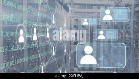 Image of binary codes, connected profile icons over data server systems Stock Photo