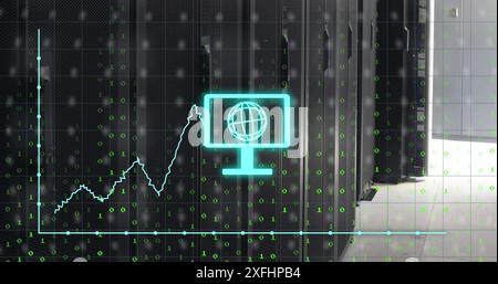 Image of computer with globe, binary codes, graphs, social media icons over data server room Stock Photo