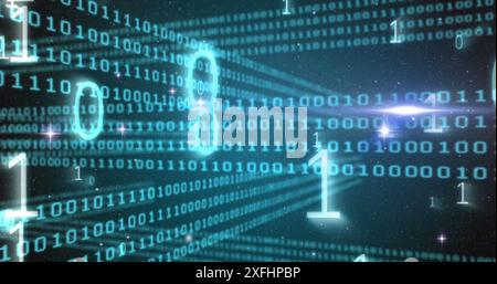 Image of binary coding data processing and light spot against blue background Stock Photo