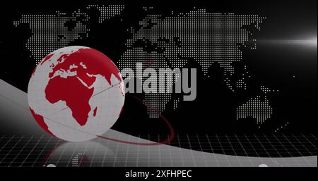 Image of connected icons with rotating globe and map over black background Stock Photo