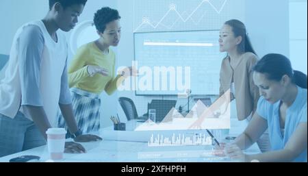 Image of statistical data processing over group of diverse women discussing together at office Stock Photo