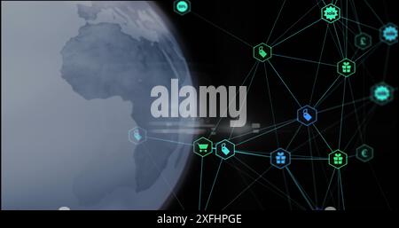 Image of connected icons and rotating globe over black background Stock Photo