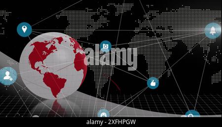 Image of connected icons with rotating globe and map over black background Stock Photo