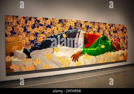 A view of items displayed at the Brooklyn Museum in New York City. Giants: Art from the Dean Collection of Swizz Beatz and Alicia Keys Stock Photo