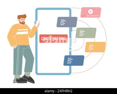 cross posting share same content to multiple platform channel to engage more user audience man use phone Stock Vector