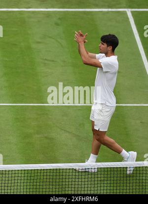 London, Britain. 3rd July, 2024. Carlos Alcaraz of Spain celebrates after winning the men's singles second round match between Aleksandar Vukic of Australia and Carlos Alcaraz of Spain at Wimbledon tennis Championship in London, Britain, July 3, 2024. Credit: Han Yan/Xinhua/Alamy Live News Stock Photo