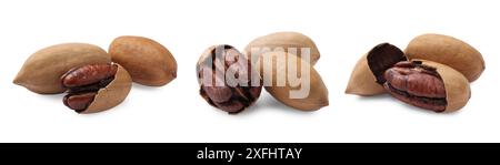 Many pecan nuts with shell isolated on white, set Stock Photo