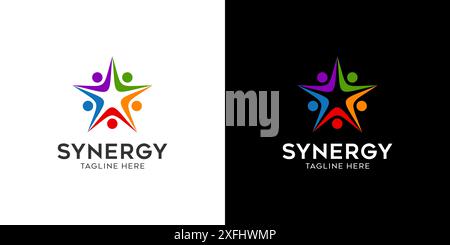 Logo synergy, concept of two or more entities working together. Interlocking circles symbolize the coming together of various elements Stock Vector