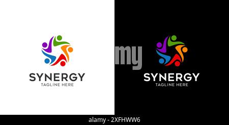 Logo synergy, concept of two or more entities working together. Interlocking circles symbolize the coming together of various elements Stock Vector