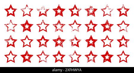 Red vintage stars with cracks and stains. Old hand-drawn sign, black simple shape. Retro design element with distressed effect, grunge texture. Vector Stock Vector