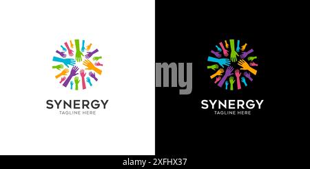 logo synergy, concept of two or more entities working together. Interlocking circles symbolize the coming together of various elements Stock Vector