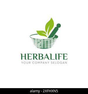 herbal logo vector featuring mortar, pestle, leaf, for business related to herbal remedies, natural health, wellness. The mortar and pestle symbolize Stock Vector