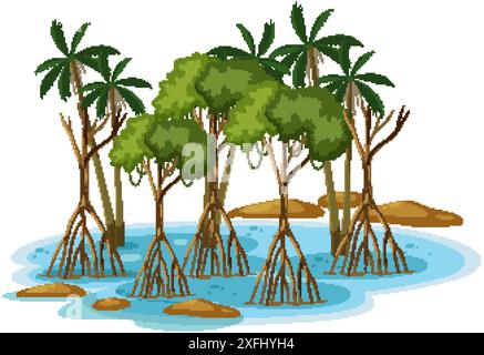 Mangrove trees and palms in a coastal setting Stock Vector