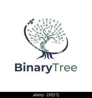 Digital Binary Code Satellite Oak Tree Nature Circle Line Logo Template Stock Vector